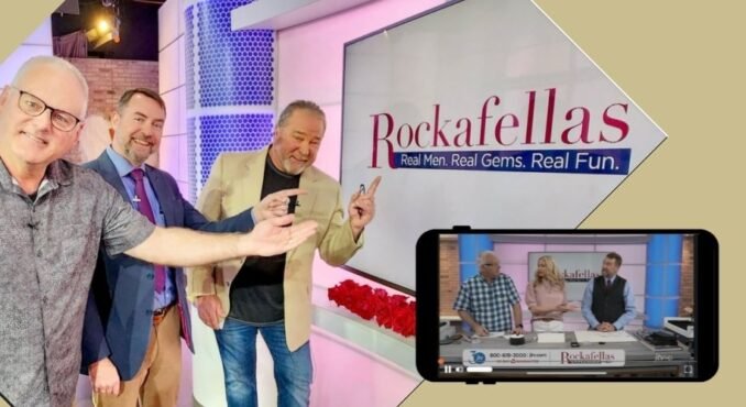 Three men on screen pointing at a sign that says Rockafellas. In the bottom corner there is a mobile phone screen showing an image of 2 men and one female, presenting a TV show on jewelry.