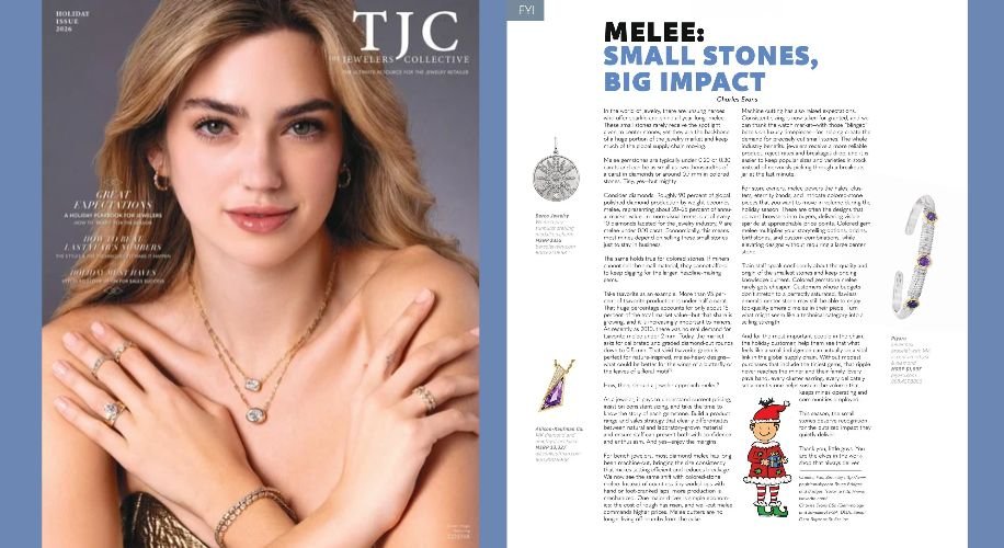 On the left side, a woman on the front cover of a magazine. On the right hand side, an article showing jewelry.